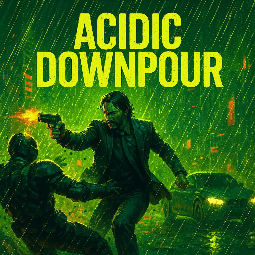man fighting in the rain with a gun, very green.