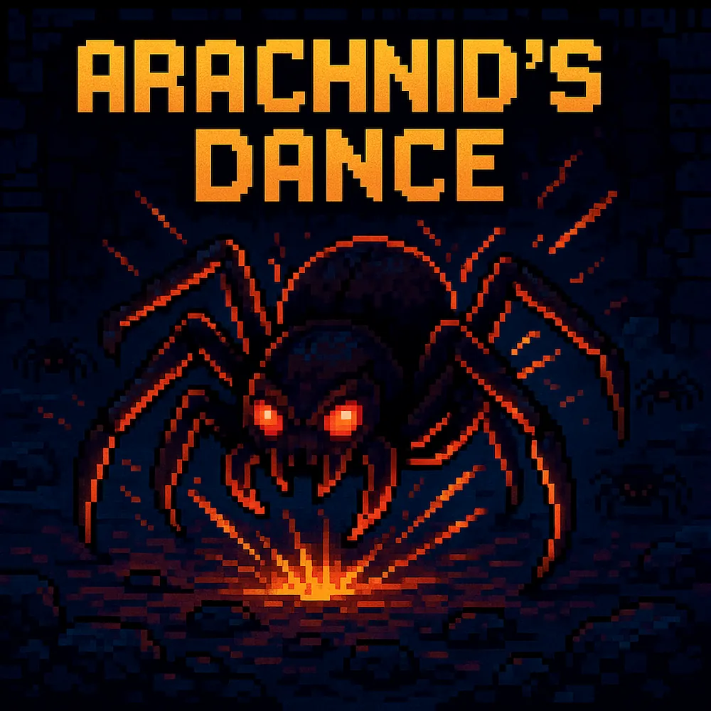 pixelated image of a black and red spider.