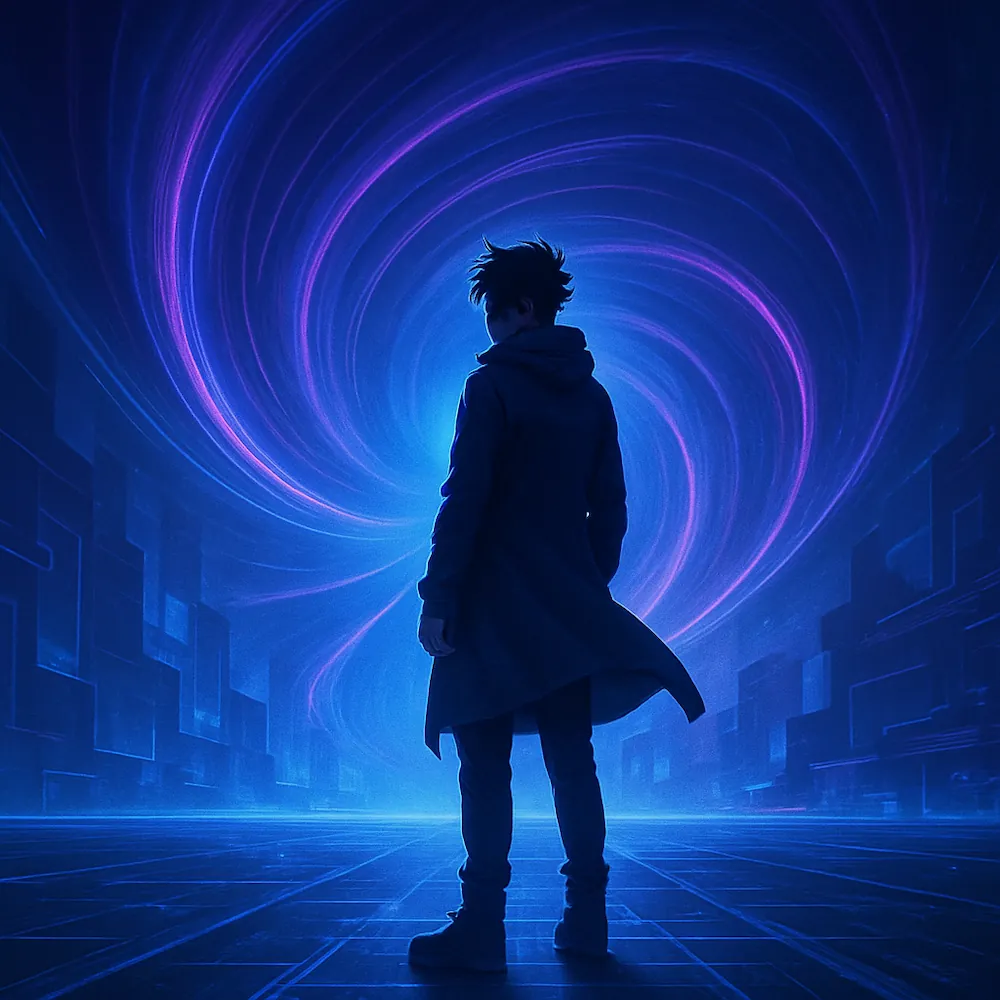 anime style character standing with blue magical 
                    lights all around.